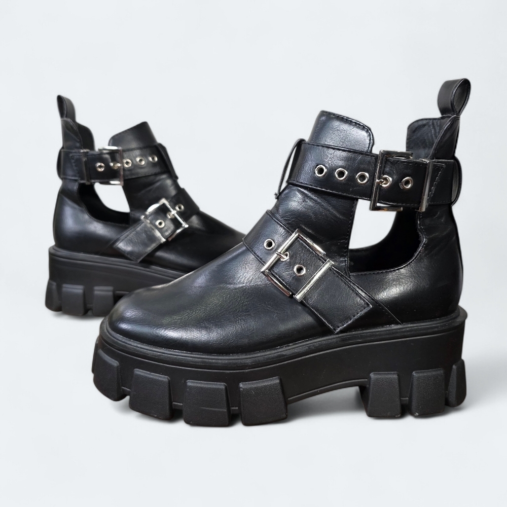 Truffle Collection Black Chunky Ankle Boots Size 37 Grunge Biker